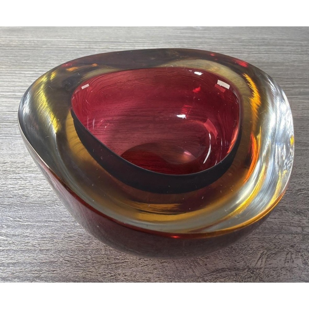 MCM Murano Sommerso Geode Uranium Art Glass Small Bowl Ashtray Red Yellow GLOWS